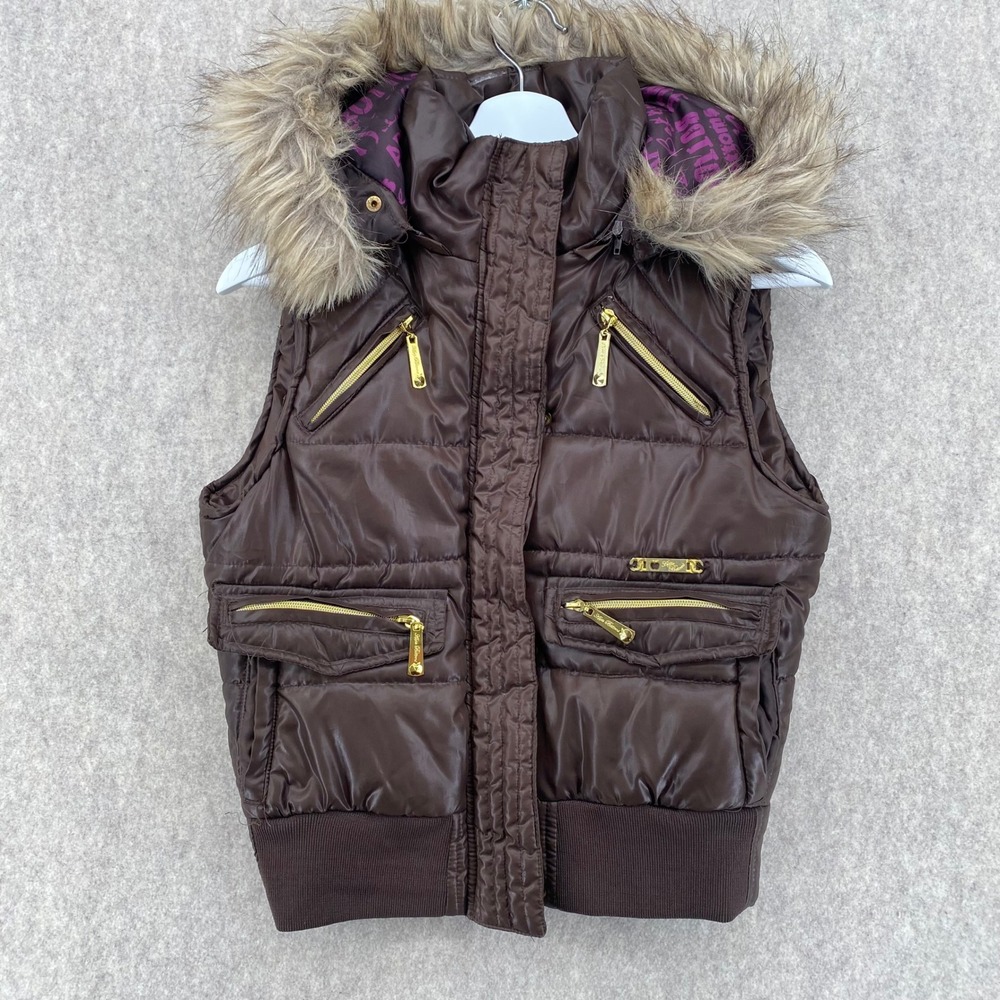 Apple Bottoms Brown Puffer Vest Faux Fur Hood Gold Hardware Studded Logo Small